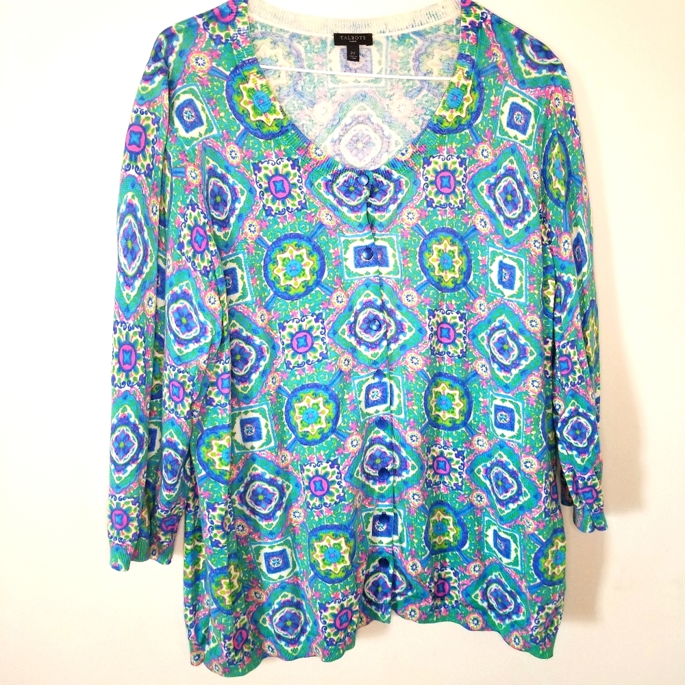 Talbots 2x multicolor geo cardigan sweater spring